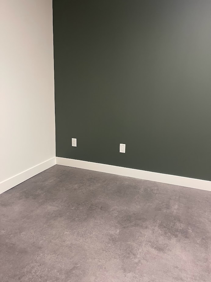 Sherwin Williams Pewter Green with gray vinyl concrete look floor and Benjamin Moore White Dove trim, Kylie M