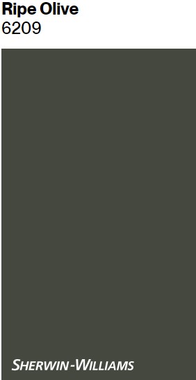 Sherwin Williams Ripe Olive, one of the best dark green paint colors. Samplize peel and stick