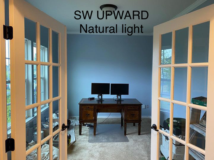 Sherwin Williams Upward, best light blue, blue-gray in office with exterior natural west facing light, beige carpet. Kylie M