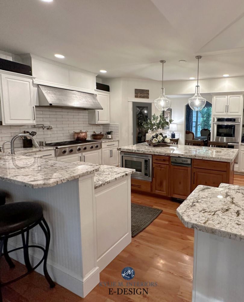 Sherwin Williams Alabaster and Creamy painted wood kitchen cabinets, granite countertop, cream subway tile, wood island. Kylie M Interiors Edesign