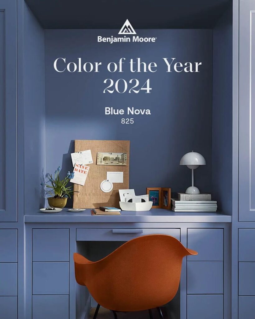 Benjamin Moore Color of the year 2024, blue nova, best shade of medium toned violet blue on cabinets