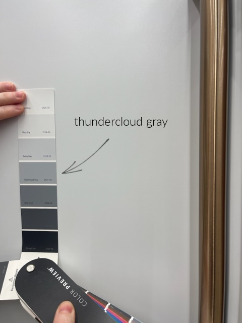 Benjamin Moore Thundercloud Gray goes with GE Cafe white as they share similar undertones.