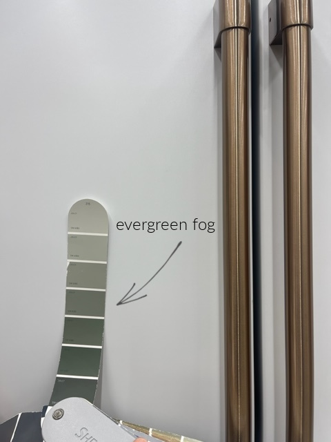 Sherwin Williams Evergreen Fog, green paint color for cabinest with GE Cafe white appliances