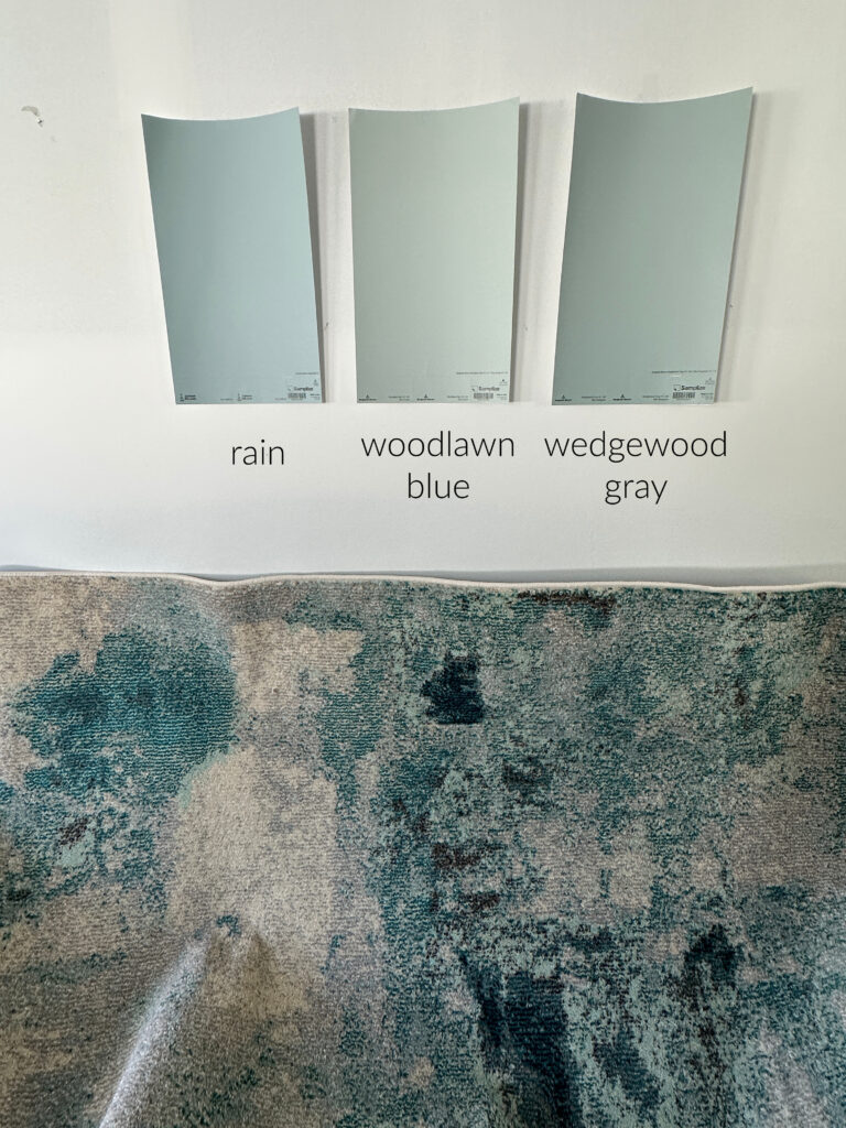 Sherwin Williams Rain, Benjamin Moore Woodlawn Blue, Wedgewood Gray, comparing simila blue and blue green paint colors, Samplize and Kylie M
