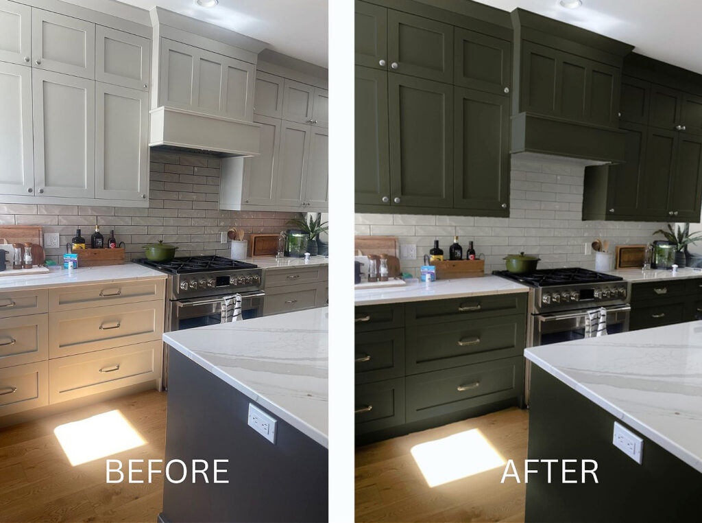 before and after painted gray cabinets, revere pewte to dark green with Brittanica Warm quartz. Kylie M Online paint color consulting cabinet rendering