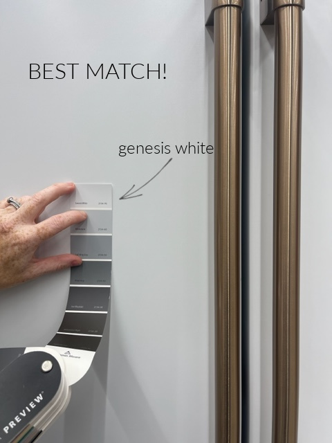 best match to GE Cafe white appliances, bronze handle metal finish. Kylie M Interiors. colors that go with white appliances for cabinets and walls