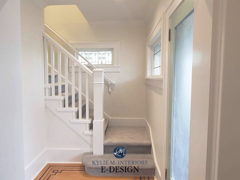 Best white paint colours, Benjamin Moore Oxford White and White Dove trim and walls, gray carpet, stairs. Kylie M Interiors Edesign, online paint color expert (1)