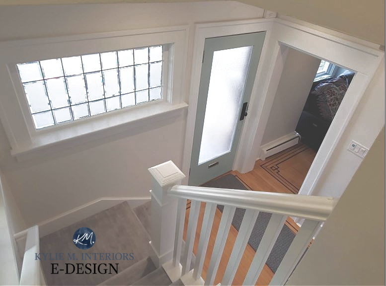 Best white paint colours, Benjamin Moore Oxford White and White Dove trim and walls, gray carpet, stairs. Kylie M Interiors Edesign, online paint color expert (2)