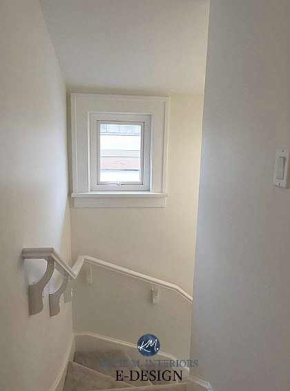 Stairwell, Benjamin Moore Oxford White and White Dove. Gray carpet. Kylie M INteriors Edesign, online paint color expert