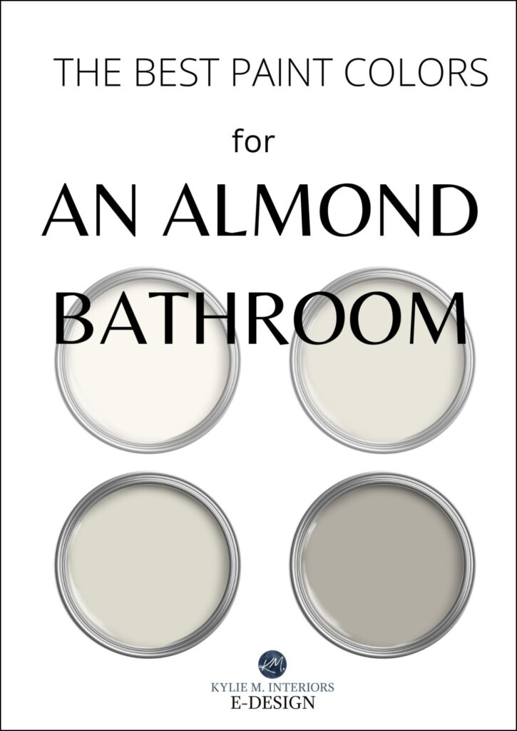 the best paint colors to update bathroom with almond or bone tan fixtures, sink, toilet, bathtub. Neutrals for walls and vanity colors. kylie m
