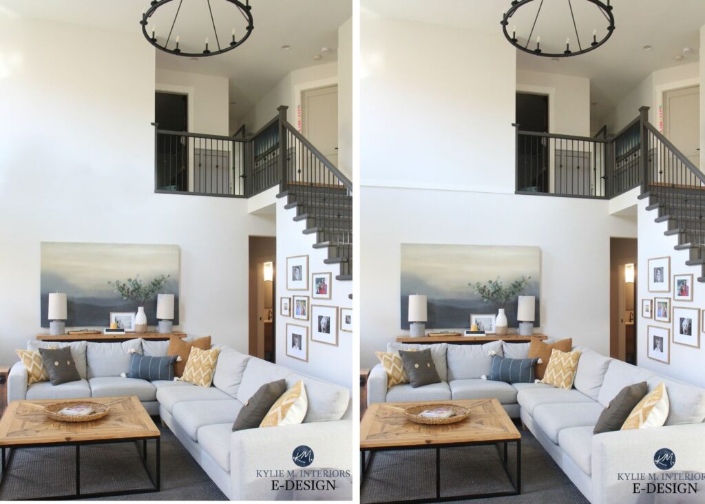 before and after, ideas to make a high ceiling look lower and cozier. Living room, neutral off white walls, sectional.
