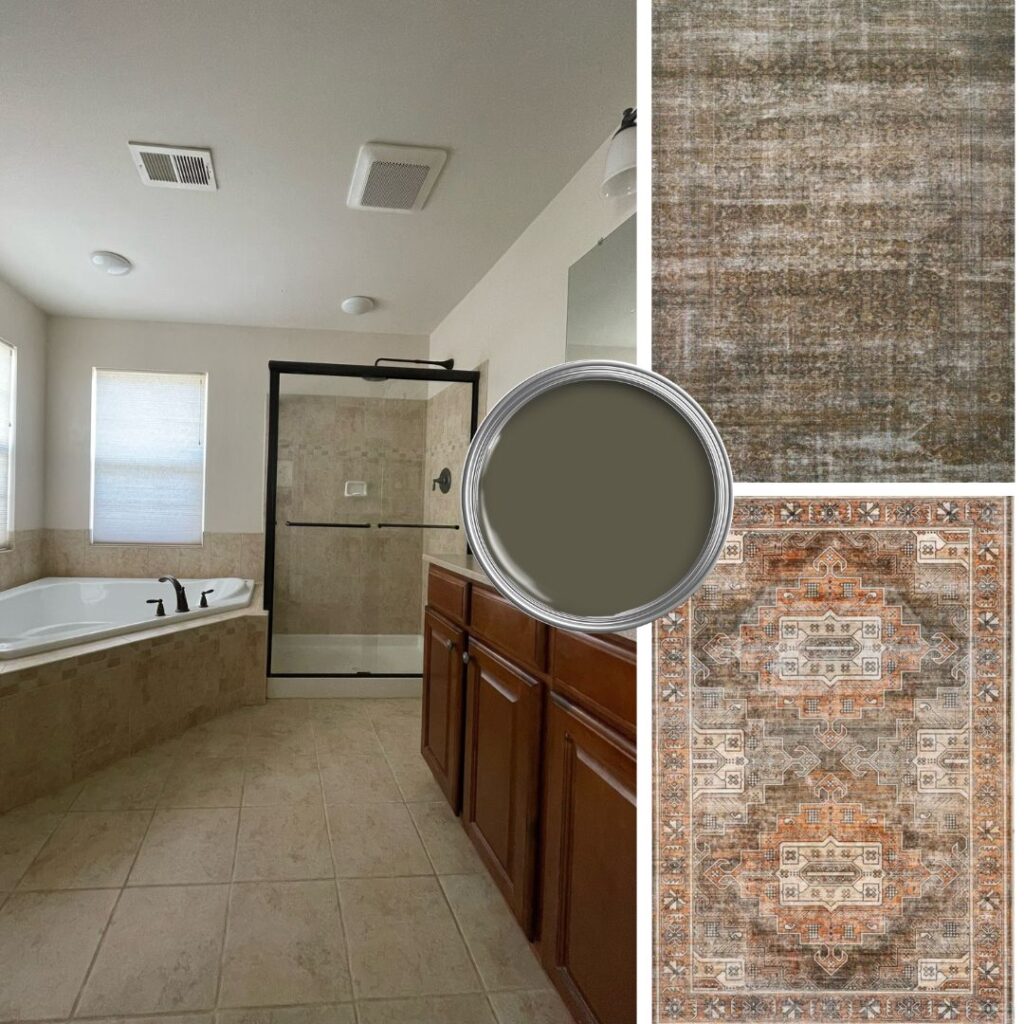Loloi area rugs to go with beige tile tuscan bathroom and painte vanity