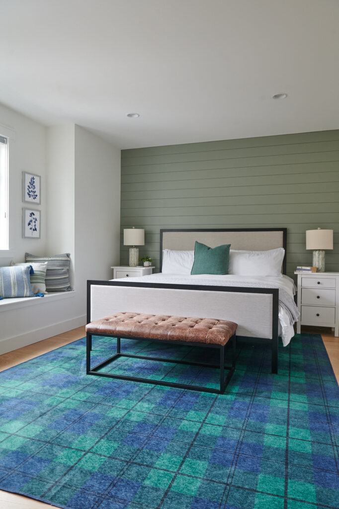 SHERWIN WILLIAMS EVERGREEN FOG, best shade of green, shiplap accent wall in gues bedroom, Benjamin Moore White Dove, Ruggable plaid tartan, Kylie m