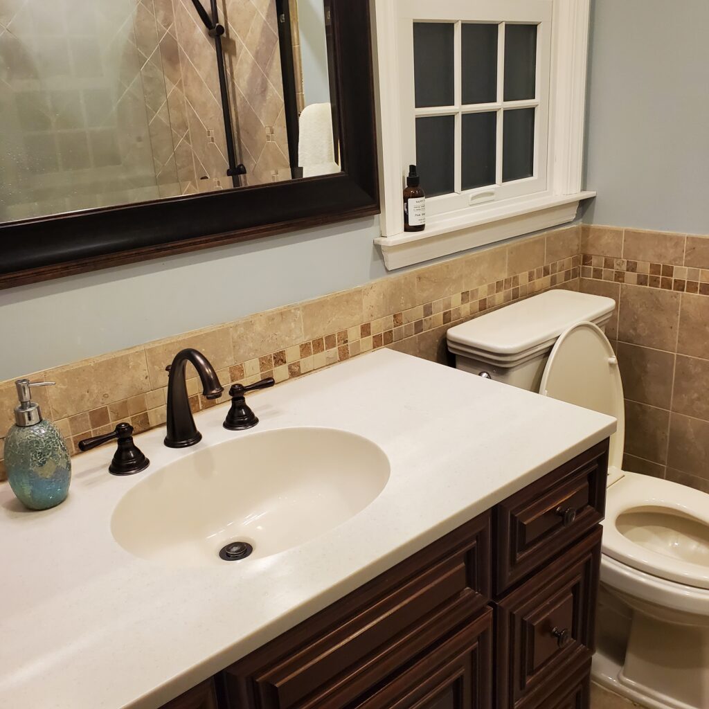 before update ideas, 2000s tuscan style bathroom with cherry red wood vanity cabinets, beige tile, oil rubbed bronze (2)