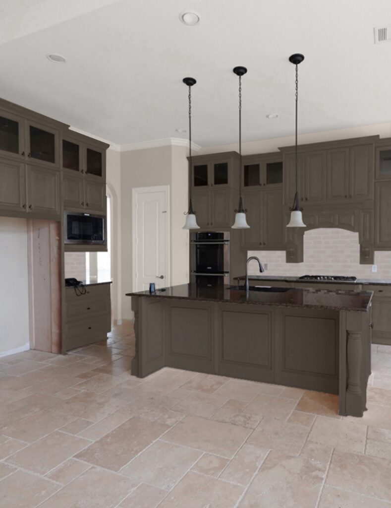 photoshop rendering of traditional tuscan style dark wood kitchen cabinets, travertine floors, granite counter with dark paint on cabinets