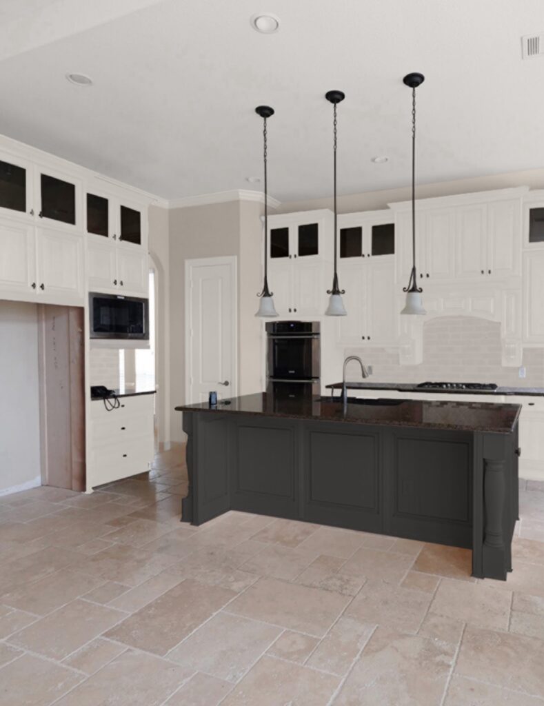 photoshop rendering, painted off white dark wood tuscan, 2000s kitchen cabinets, dark painted island, granite and travertine tile floor