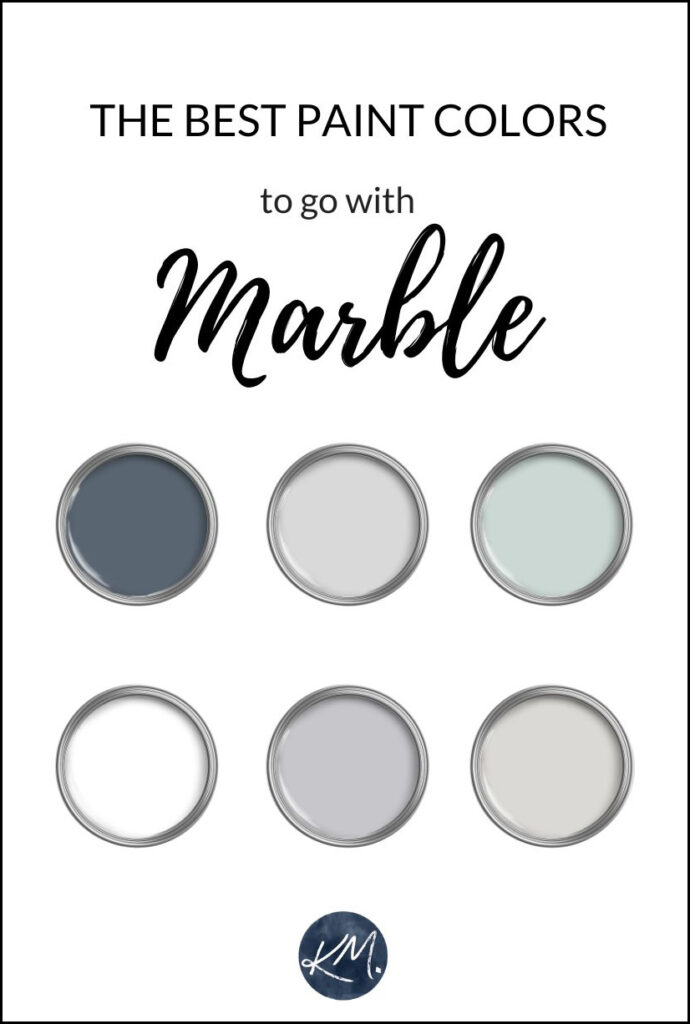 the best paint colors to go with marble tile, backsplash, countertop. Gray, white, blue, violet, green. Kylie M online paint color expert. Update and diy ideas for walls and cabinets