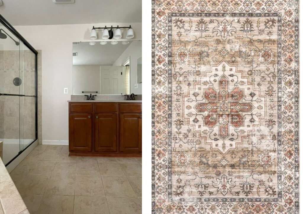 washable area rug to go with 2000s bathroom with tuscan style beige tile and cherry red cabinet vanity (1)