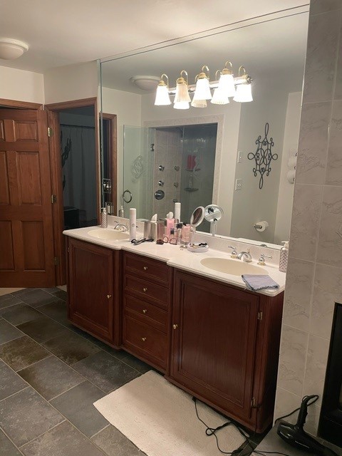 1990 bathroom before remodel or update, tile shower, tile floor, cherry red wood oak double vanity (4)