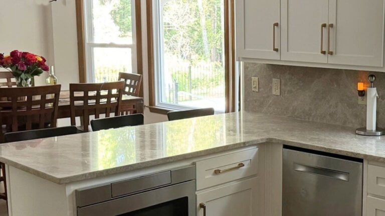 UPDATE IDEAS FOR 1980S KITCHEN WITH TAJ MAHAL QUARTZITE, PAINTED WHITE CABINETS, WOOD TRIMS