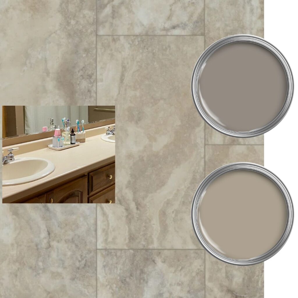almond countertop, travertine look tile floor and paint colors for vanity