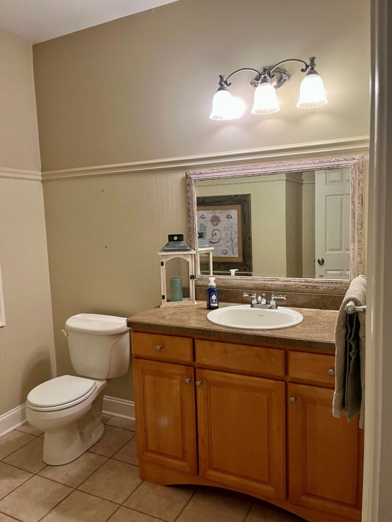 bathroom before update remodel, 1990 beadboard, wood oak vanity, laminate countertop, tile floor (6)