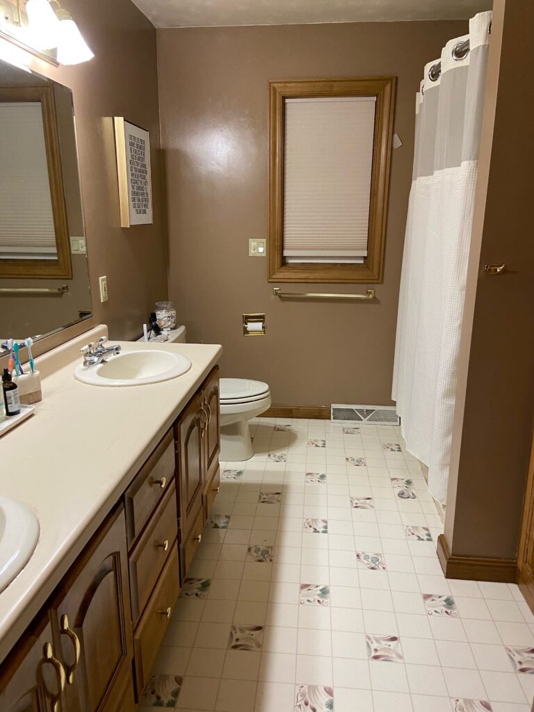 bathroom wood oak vanity and trim, vinyl linoleum floor, update ideas before remodel (1)