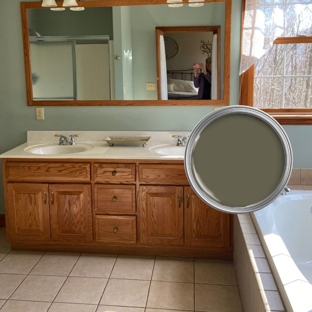 dark greige green paint color to go with beige tile on painted oak vanity in bathroom