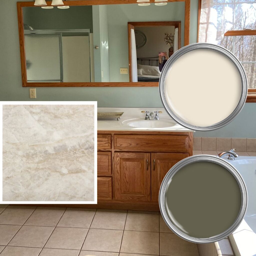 new countertop, cosentino arga dekton porcelain with beige, off white beige walls, dark greige green for painted oak vanity