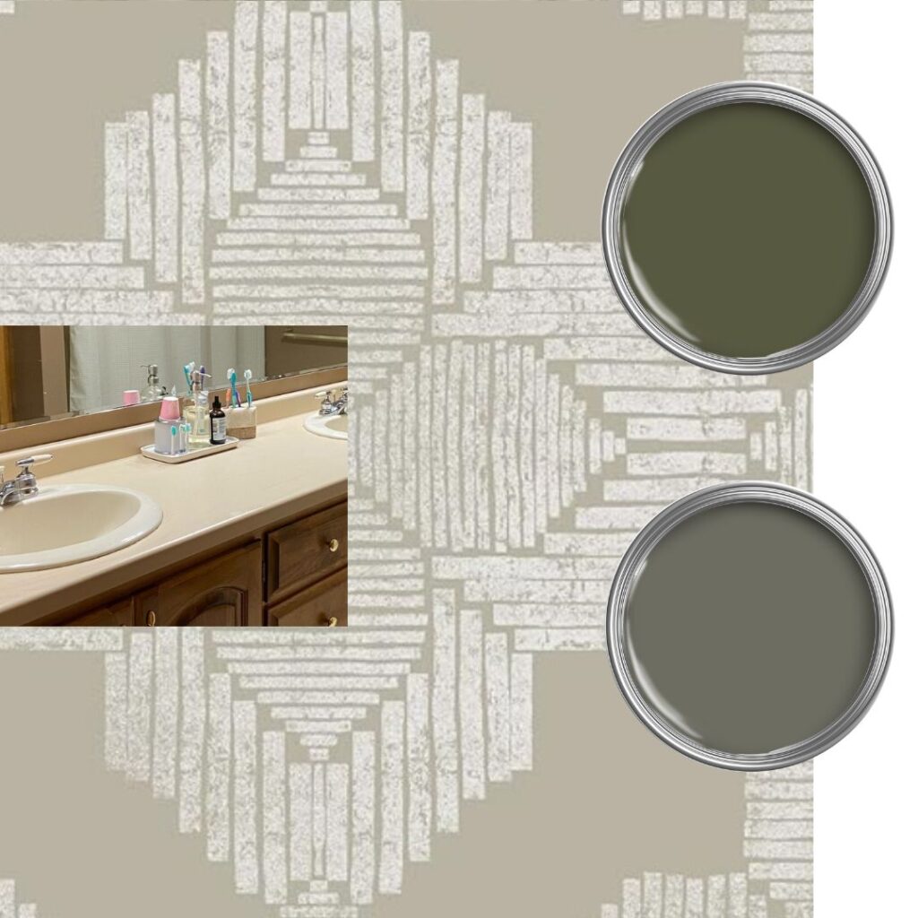 peel and stick tile floor with almond bathroom fixtures and dark green vanity paint color