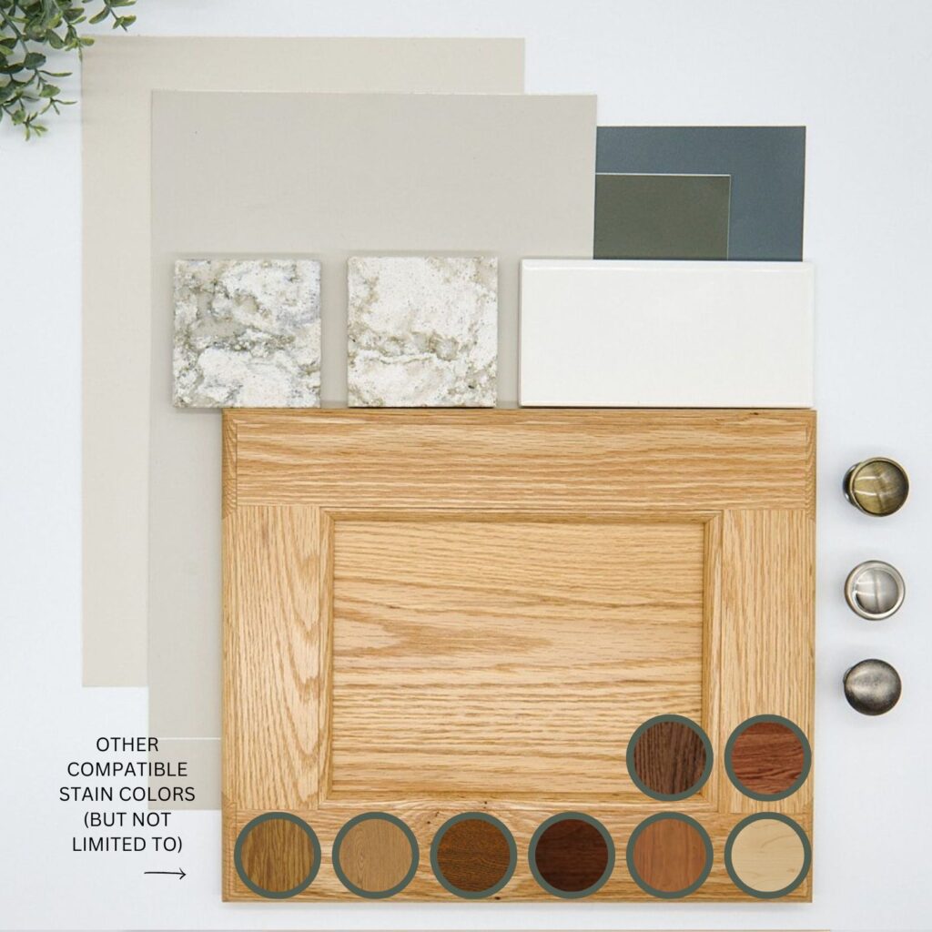 Palette color, countertop, backsplash tile, paint color, cabinet ideas to update wood, oak, maple, cherry kitchen cabinets. Kylie M, online color expert