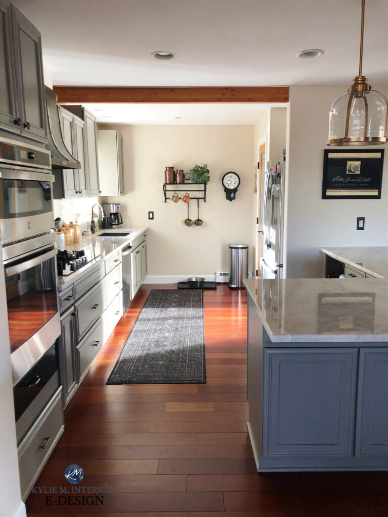 Sherwin Williams Felted Wool, Natural LInen, Taj Mahal quartzite countertops. subway tile, zellige look, painted kitchen cabinets, red cherry exotic wood floor. Kylie M
