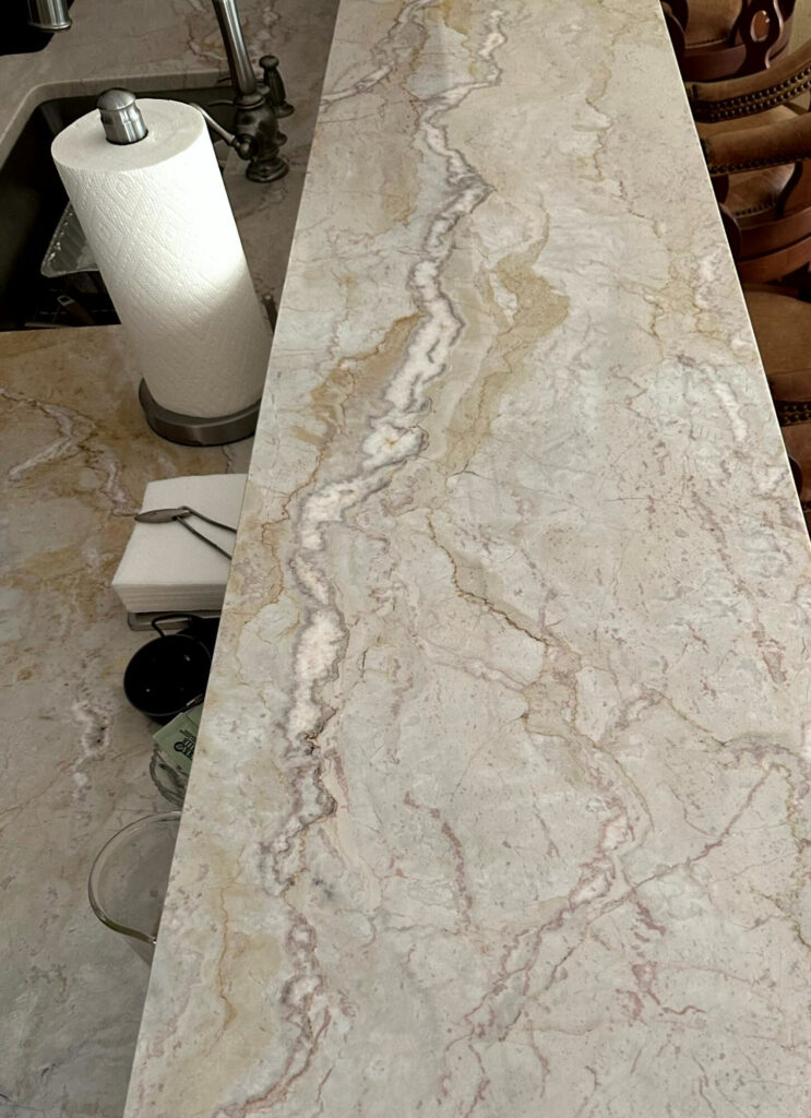 dolce vita quartzite countertop in kitchen, warm beige, taupe rose colors and tones