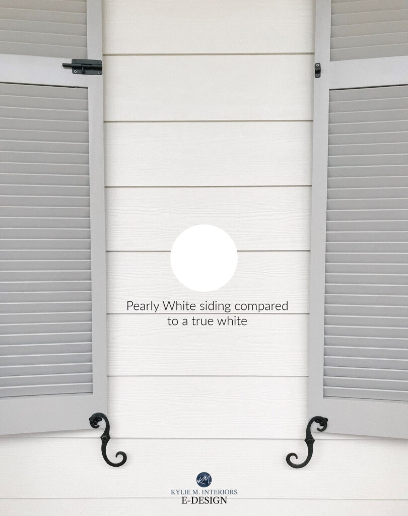 Sherwin Williams Pearly White with Revere Pewter shutters on exterior siding