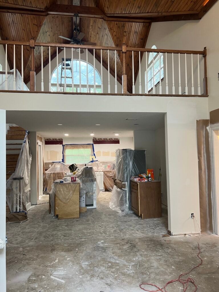 Benjamin Moore REvere PEwter lightenedy by 75 in vaulted ceiling with wood shiplap and beams