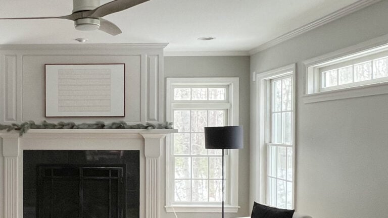 Sherwin Williams Repose Gray in living room with white trim