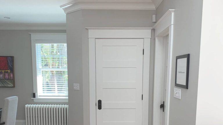 Benjamin Moore Collingwood on walls with Simply White trim and doors. POpular warm gray with purple hue