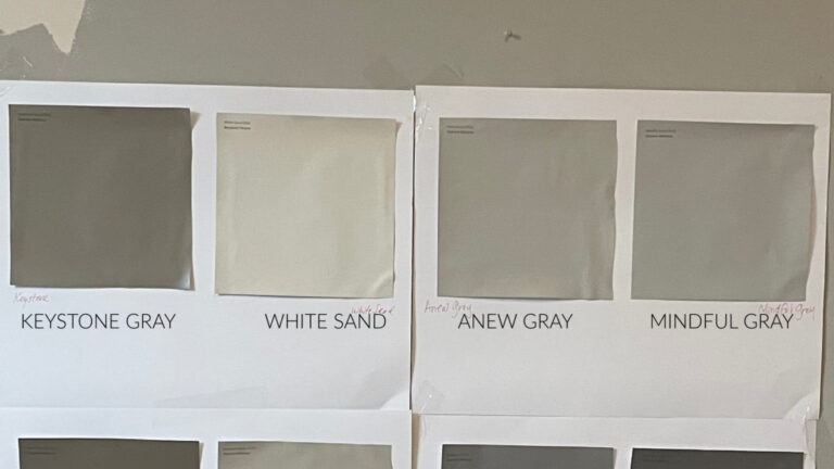 Sherwin Williams Anew Gray, Gauntlet Gray, Dovetail and Benjamin MOore White Sand paint samples