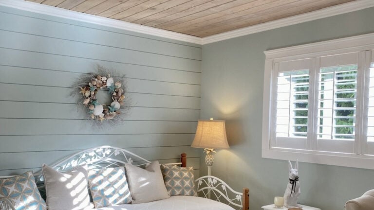 Home office and guest bedroom painted Sherwin Williasm Rainwashed, shiplap, wood tongue and groove ceiling with white trim