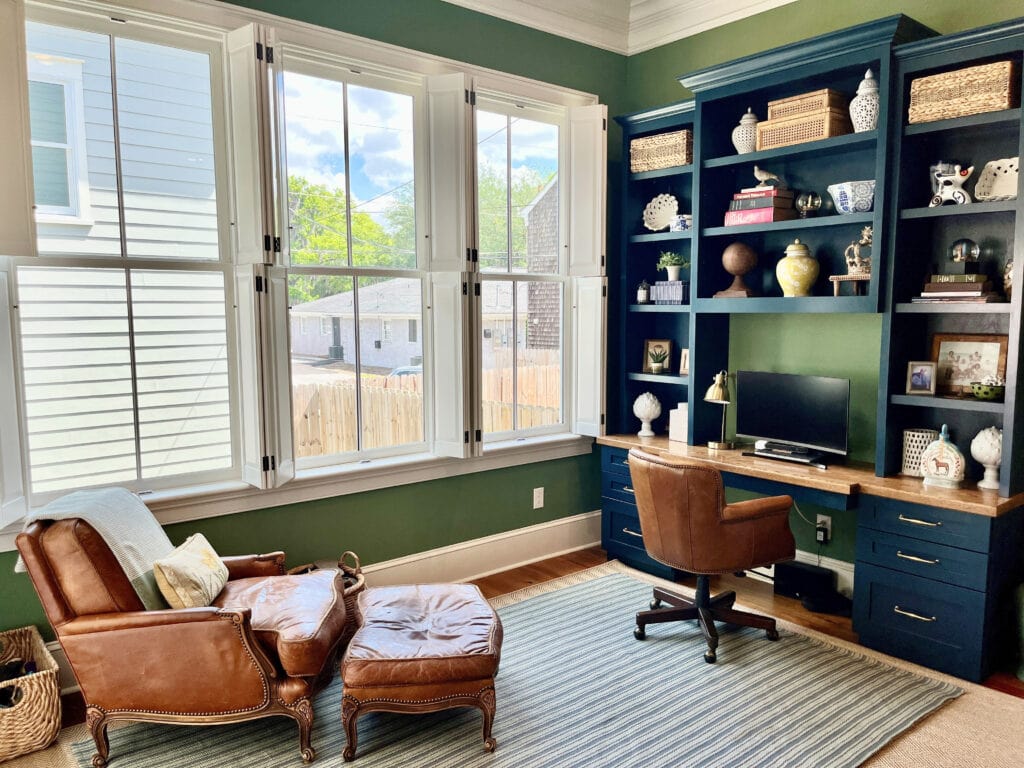 Home office painted Farrow and BAll CAlke Green and Hague Blue on the built-in desk and cabinets. Creamy trim