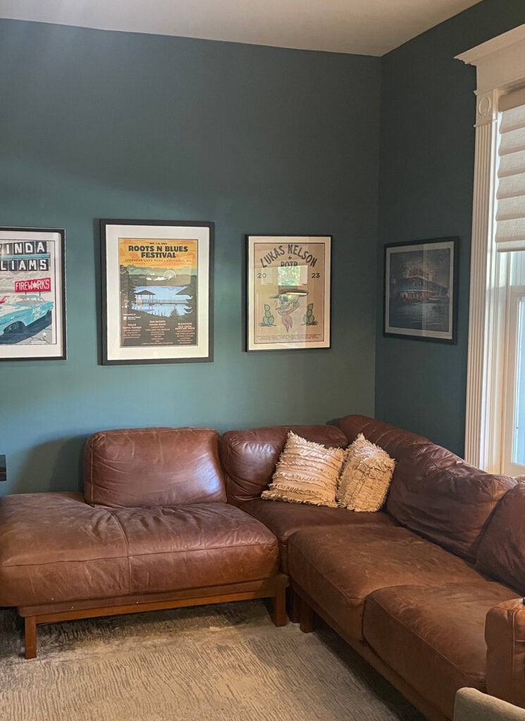 Sherwin Williams Riverway blue-green paint color in den or family room