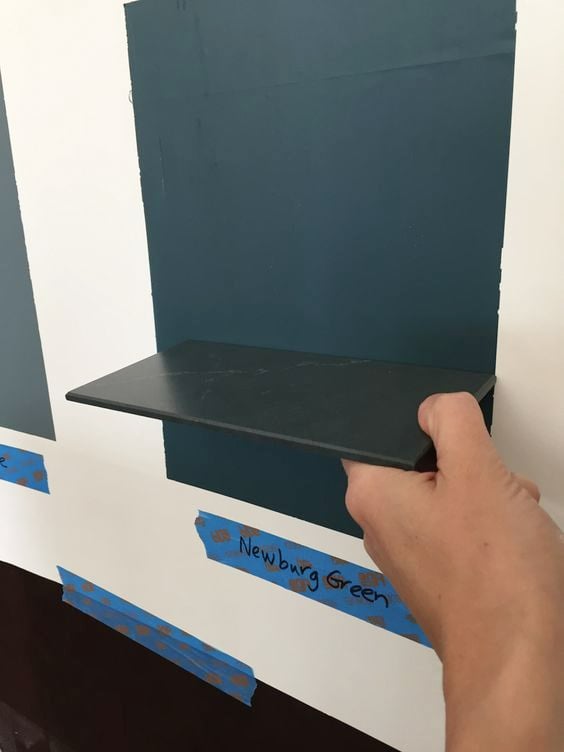 Benjamin Moore Newburg Green dark teal blue paint color with green and soapstone or black quartz countertop sample