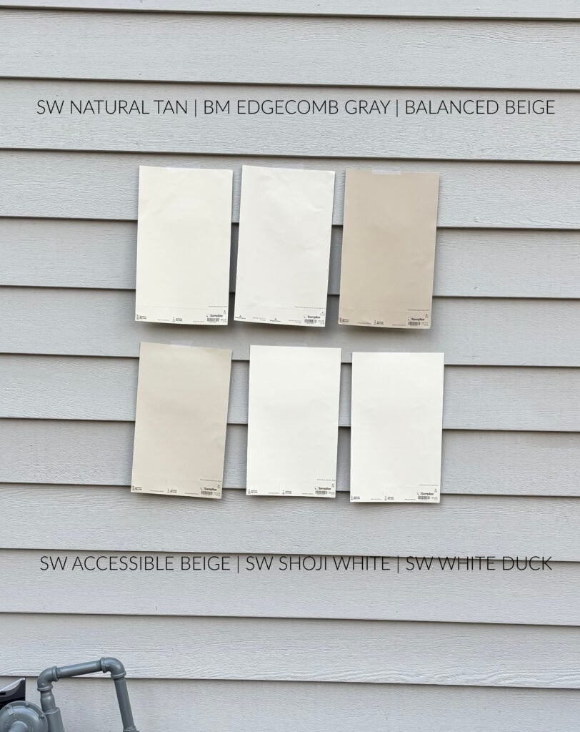Sherwin Williams Natural Tan, Benjamin Moore Edgecomb Gray, Balanced Beige, Accessible Beige, Shoji White, White Duck samples on exterior samplize