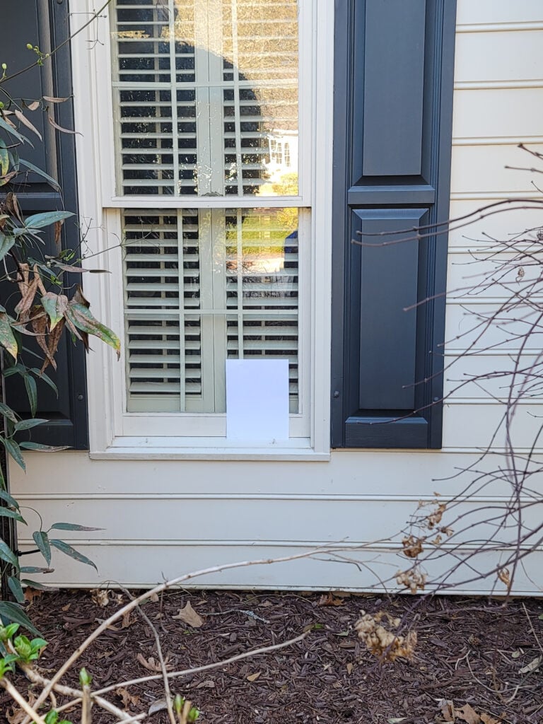 Benjamin Moore Ballet White exterior, Night fall dark blue-black shutters with white paper for comparison