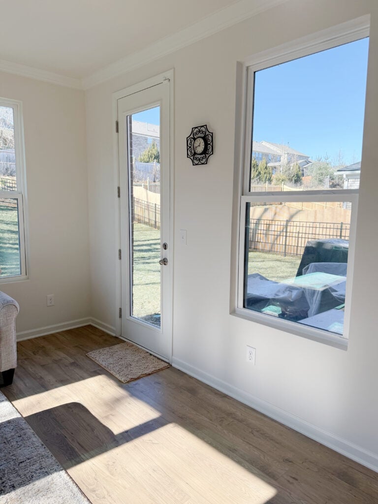 Sherwin Williams White Heron, wood floor, white trim