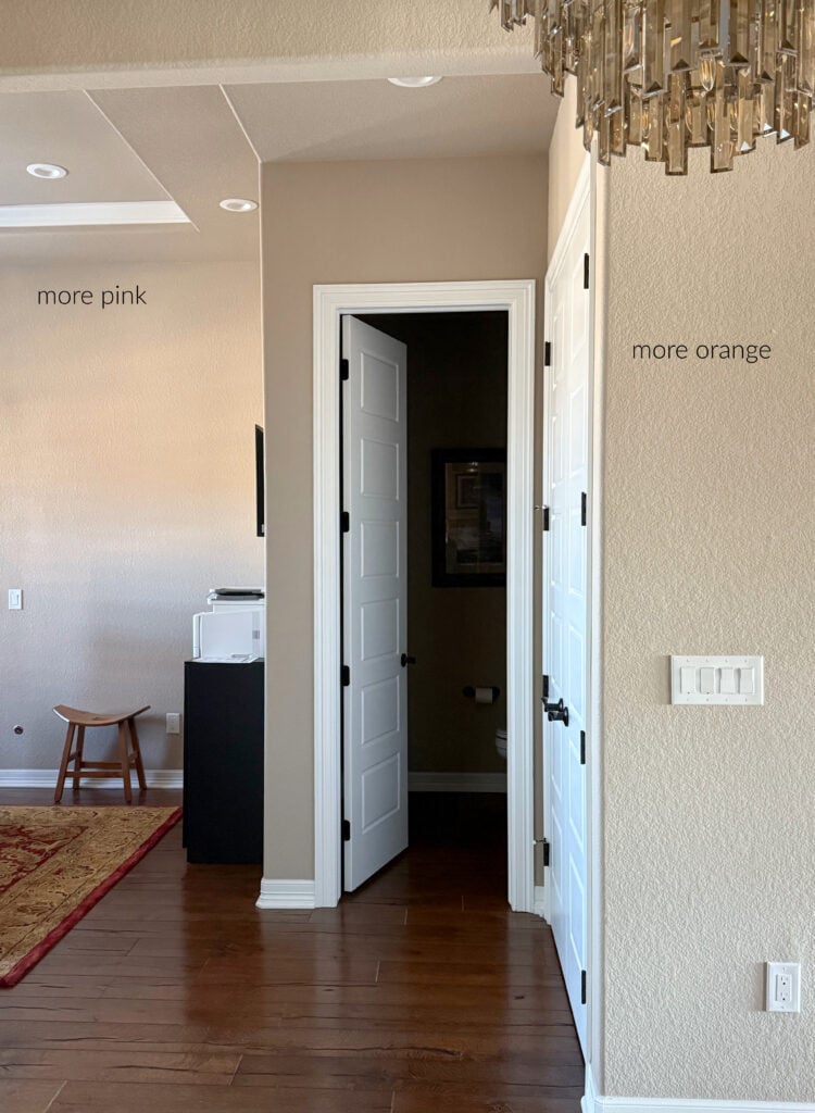 Sherwin Williams Balanced Beige with dark wood floor in changing natural light