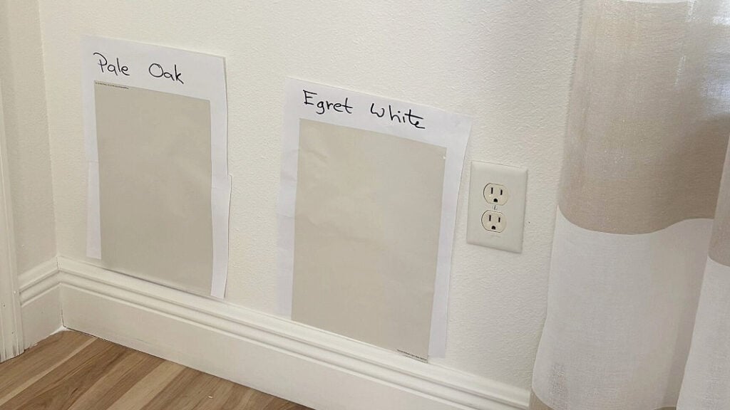 Benjamin Moore Pale Oak sample compared to Sherwin Williams Egret White