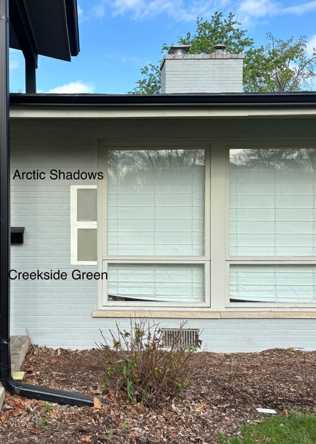 Benjamin Moore Arctic Shadows and Creekside Green, exterior paint color ideas, mid-century split level home