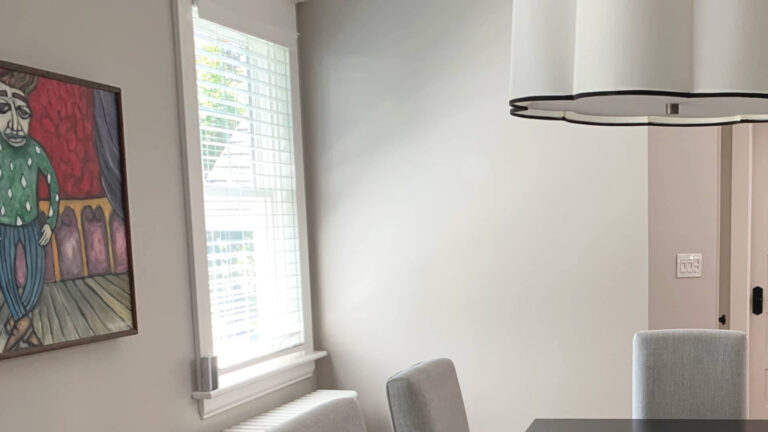 Benjamin Moore Collingwood, warm gray with purple lean on dining room walls in natural light