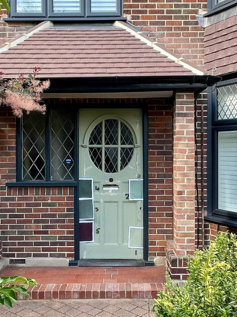 UK home, external paint colour samples for front door with multi color brick. Rainy afternoon, Caponata and more